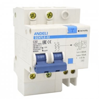 Фотография товара 'Andeli ADL02-077 Диф. авт. выкл. ADB3LE-63D 1P+N 32А 30mA электромеханический тип AС, х-ка С, 6kA'